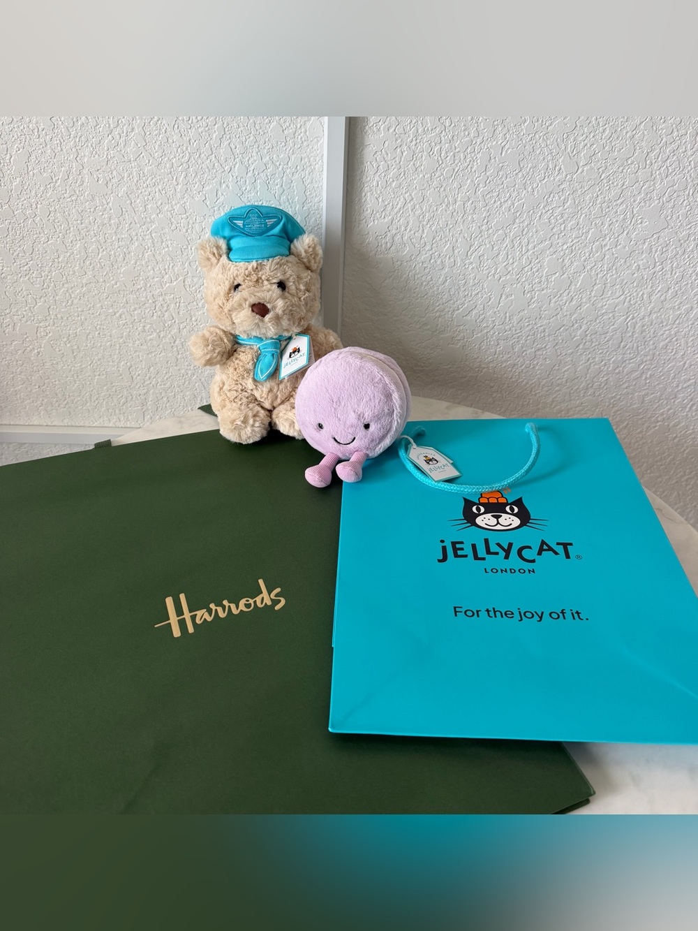 Jellycat Harrods Exclusive Bartholomew Junior Pilot Bear & Lavender May Macaron